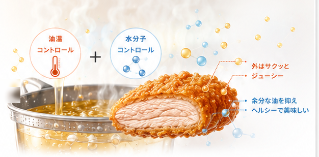 油温コントロールと水分子コントロールを組み合わせたDr.Fryのイメージ。外はサクッとジューシー、余分な油を抑えヘルシーで美味しい